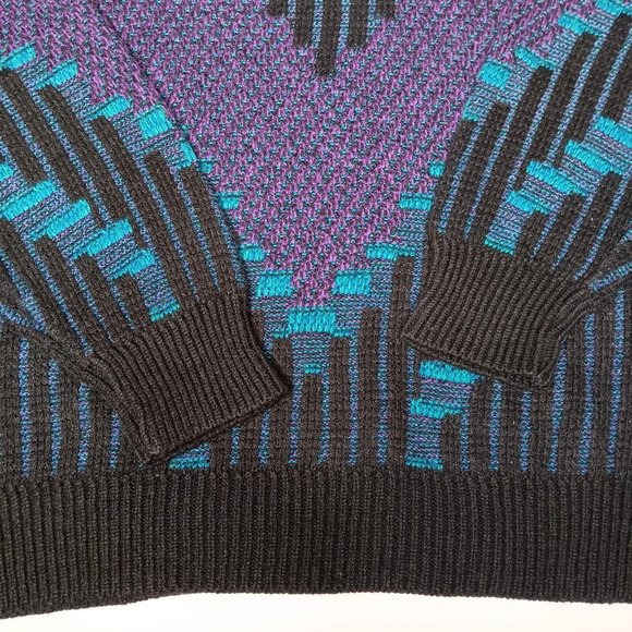 Vintage 90s Nuovo New Forces Large Sweater 3D Look Blue Black Purple Geometric - Picture 9 of 13